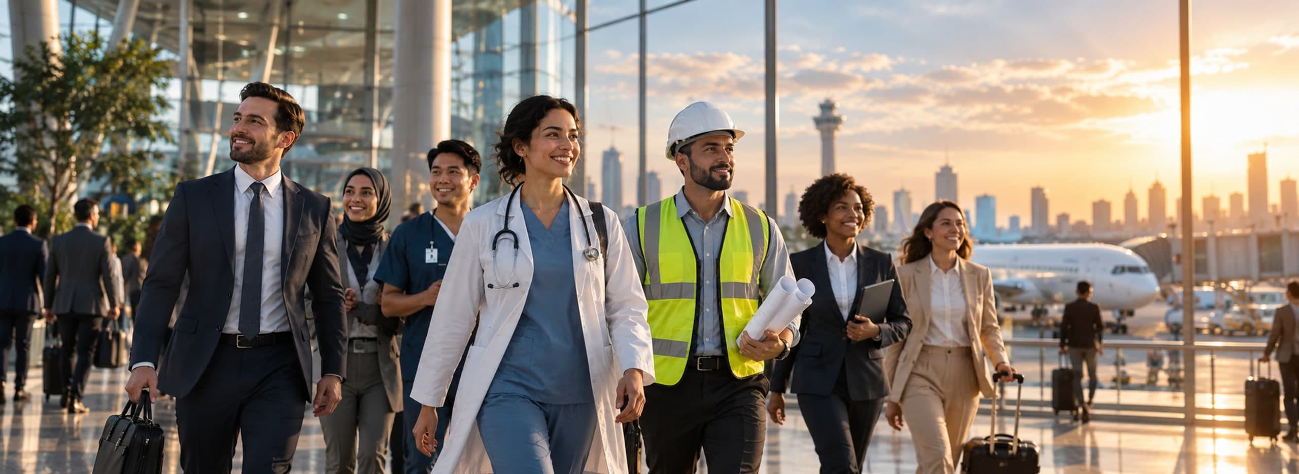 Community leaders walking through a terminal, an aircraft waiting beyond the glass